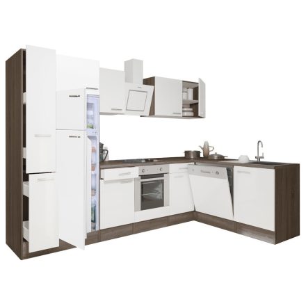 Yorki 310 sarok konyhablokk yorki tölgy korpusz,selyemfényű fehér front alsó sütős elemmel felülfagyasztós hűtős szekrénnyel