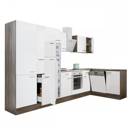 Yorki 370 sarok konyhablokk yorki tölgy korpusz,selyemfényű fehér front alsó sütős elemmel polcos szekrénnyel, felülfagyasztós hűtős szekrénnyel