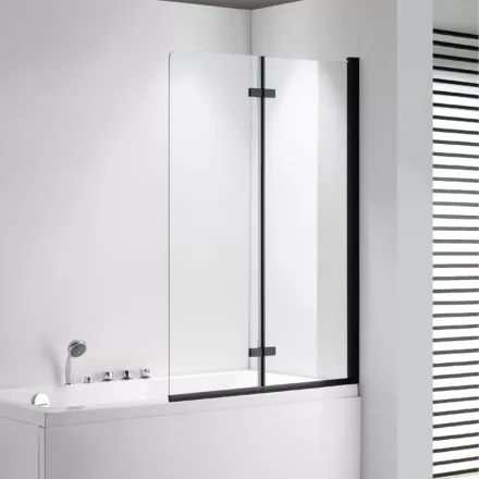Stuxi Ravenna Black 100x140 összecsukható 2 szárnyú kádparaván 6 mm vastag vízlepergető biztonsági üveggel, fekete elemekkel