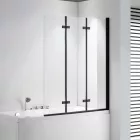 Stuxi Ravenna Black 120x140 összecsukható 3 szárnyú kádparaván 6 mm vastag vízlepergető biztonsági üveggel, fekete elemekkel
