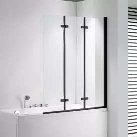   Stuxi Ravenna Black 120x140 összecsukható 3 szárnyú kádparaván 6 mm vastag vízlepergető biztonsági üveggel, fekete elemekkel