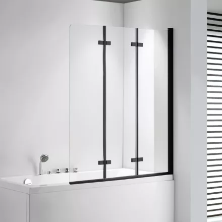 Stuxi Ravenna Black 120x140 összecsukható 3 szárnyú kádparaván 6 mm vastag vízlepergető biztonsági üveggel, fekete elemekkel