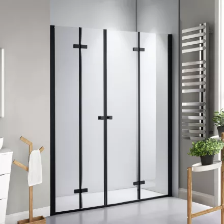 Stuxi Verona Big Black 180 cm széles aszimmetrikus kétszárnyú csukló zuhanyajtó (70+110 cm), 6 mm vízlepergető üveggel, matt fekete profillal, 195 cm magas