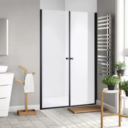 Stuxi Bari Big Black 140 cm széles kétszárnyú nyíló zuhanyajtó, 6 mm vízlepergető üveggel, matt fekete profillal, 195 cm magas