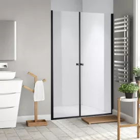   Stuxi Bari Big Black 180 cm széles aszimmetrikus kétszárnyú nyíló zuhanyajtó (80+100 cm), 6 mm vízlepergető üveggel, matt fekete profillal, 195 cm magas