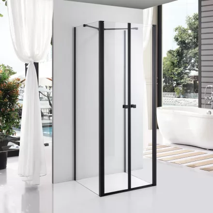 Stuxi Roma Black 80x80 falsíkra szerelhető 3 oldalú kétszárnyú nyílóajtós zuhanykabin 6 mm vízlepergető biztonsági üveggel, matt fekete elemekkel, 195 cm magas