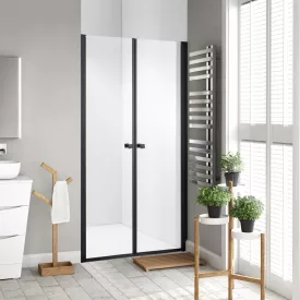   Stuxi Roma Black 70 cm széles kétszárnyú nyíló zuhanyajtó, 6 mm vízlepergető üveggel, matt fekete profillal, 195 cm magas