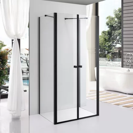 Stuxi Roma Black 100x120 falsíkra szerelhető 3 oldalú kétszárnyú nyílóajtós zuhanykabin 6 mm vízlepergető biztonsági üveggel, matt fekete elemekkel, 195 cm magas