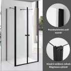 Stuxi Roma Black 80x120 falsíkra szerelhető 3 oldalú kétszárnyú nyílóajtós zuhanykabin 6 mm vízlepergető biztonsági üveggel, matt fekete elemekkel, 195 cm magas