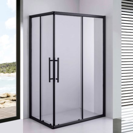 Stuxi Nizza Black 100x80 cm aszimmetrikus két tolóajtós zuhanykabin 6 mm vízlepergető biztonsági üveggel, fekete elemekkel, 190 cm magas, zuhanytálcával és szifonnal