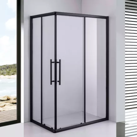 Stuxi Nizza Black120x90 cm aszimmetrikus két tolóajtós zuhanykabin 6 mm vízlepergető biztonsági üveggel, fekete elemekkel, 190 cm magas, zuhanytálcával, szifonnal