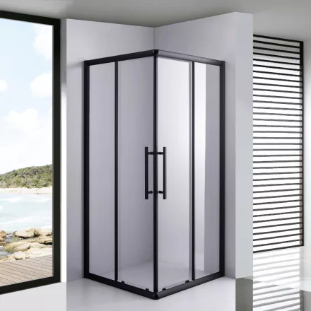 Stuxi Nizza Black 100x100 cm szögletes két tolóajtós zuhanykabin 6 mm vízlepergető biztonsági üveggel, fekete elemekkel, 190 cm magas, zuhanytálcával és szifonnal