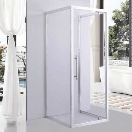 Stuxi Torino 80x90 falsíkra szerelhető 3 oldalú nyílóajtós zuhanykabin 6 mm vízlepergető biztonsági üveggel, króm elemekkel, 200 cm magas