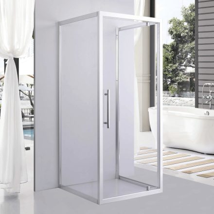 Stuxi Torino 80x80 falsíkra szerelhető 3 oldalú nyílóajtós zuhanykabin 6 mm vízlepergető biztonsági üveggel, króm elemekkel, 200 cm magas