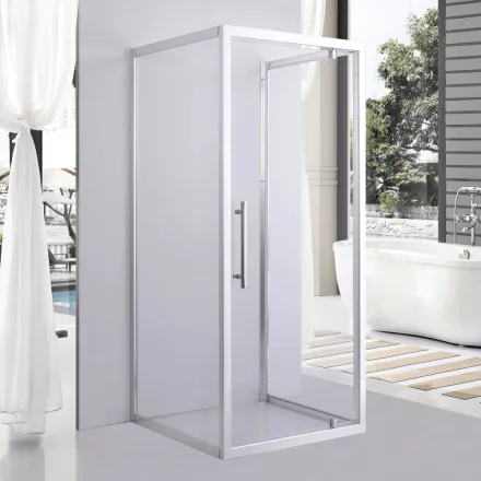 Stuxi Torino 80x80 falsíkra szerelhető 3 oldalú nyílóajtós zuhanykabin 6 mm vízlepergető biztonsági üveggel, króm elemekkel, 200 cm magas