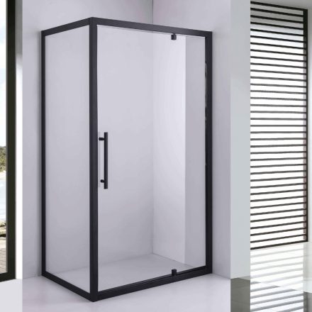Stuxi Torino Black 120x80 aszimmetrikus szögletes nyílóajtós zuhanykabin 6 mm vízlepergető biztonsági üveggel, matt fekete elemekkel, 200 cm magas