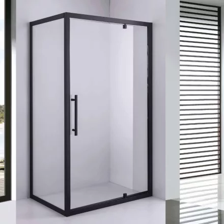 Stuxi Torino Black 100x80 aszimmetrikus szögletes nyílóajtós zuhanykabin 6 mm vízlepergető biztonsági üveggel, matt fekete elemekkel, 200 cm magas