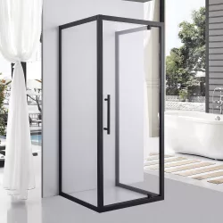   Stuxi Torino Black 100x100 falsíkra szerelhető 3 oldalú nyílóajtós zuhanykabin 6 mm vízlepergető biztonsági üveggel, fekete elemekkel, 200 cm magas