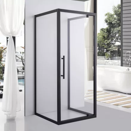 Stuxi Torino Black 80x80 falsíkra szerelhető 3 oldalú nyílóajtós zuhanykabin 6 mm vízlepergető biztonsági üveggel, fekete elemekkel, 200 cm magas