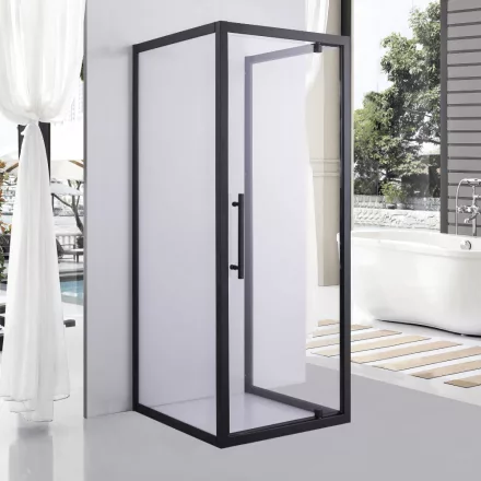 Stuxi Torino Black 90x100 falsíkra szerelhető 3 oldalú nyílóajtós zuhanykabin 6 mm vízlepergető biztonsági üveggel, fekete elemekkel, 200 cm magas