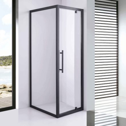 Stuxi Torino Black 70x80 aszimmetrikus szögletes nyílóajtós zuhanykabin 6 mm vízlepergető biztonsági üveggel, matt fekete elemekkel, 200 cm magas