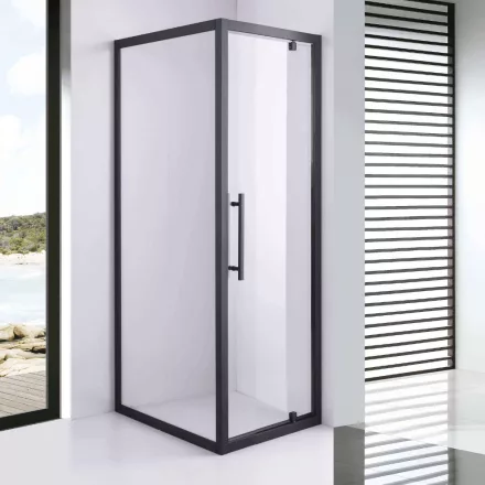 Stuxi Torino Black 80x90 aszimmetrikus szögletes nyílóajtós zuhanykabin 6 mm vízlepergető biztonsági üveggel, matt fekete elemekkel, 200 cm magas
