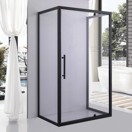 Stuxi Torino Black 100x80 falsíkra szerelhető 3 oldalú nyílóajtós zuhanykabin 6 mm vízlepergető biztonsági üveggel, fekete elemekkel, 200 cm magas