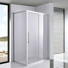   Stuxi Nizza aszimmetrikus szögletes tolóajtós zuhanykabin 6 mm vízlepergető biztonsági üveggel, króm elemekkel, 200 cm magas