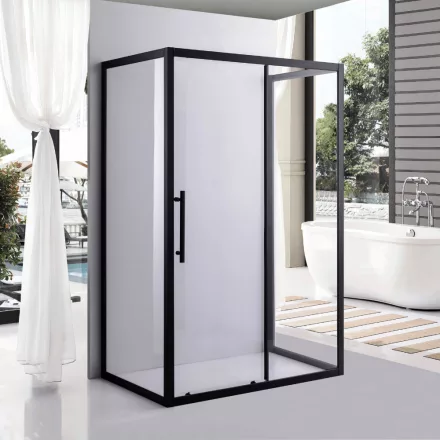 Stuxi Nizza Black 120x70 falsíkra szerelhető 3 oldalú tolóajtós zuhanykabin 6 mm vízlepergető biztonsági üveggel, fekete elemekkel, 200 cm magas