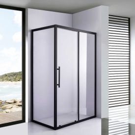   Stuxi Nizza Black aszimmetrikus szögletes tolóajtós zuhanykabin 6 mm vízlepergető biztonsági üveggel, fekete elemekkel, 200 cm magas