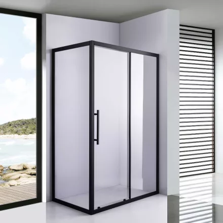 Stuxi Nizza Black 140x70 aszimmetrikus szögletes tolóajtós zuhanykabin 6 mm vízlepergető biztonsági üveggel, fekete elemekkel, 200 cm magas