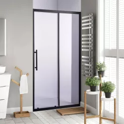   Stuxi Nizza Black 100/110/120/130/140 cm széles toló zuhanyajtó 6 mm vastag vízlepergető biztonsági üveggel, fekete elemekkel, 200 cm magas