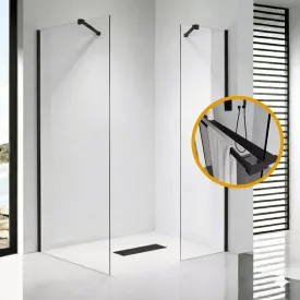   Stuxi Milano Easy Black Kombi Plus 1 Walk-in zuhanyfal, 70x70 cm, 8 mm vastag vízlepergető biztonsági üveggel, helytakarékos stabilizátorral, polccal