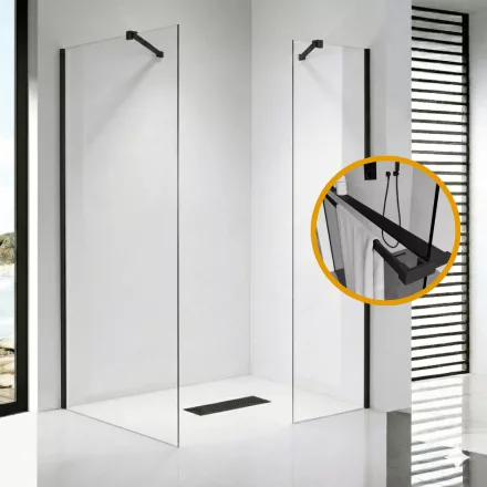 Stuxi Milano Easy Black Kombi Plus 1 Walk-in zuhanyfal, 70x70 cm, 8 mm vastag vízlepergető biztonsági üveggel, helytakarékos stabilizátorral, polccal