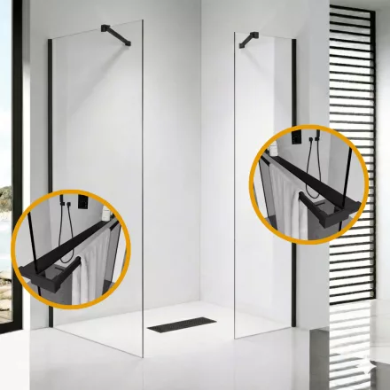 Stuxi Milano Easy Black Kombi Plus 2 Walk-in zuhanyfal, 70x70 cm, 8 mm vastag vízlepergető biztonsági üveggel, helytakarékos stabilizátorral, 2 polccal