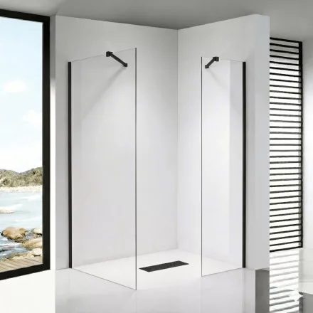 Stuxi Milano Easy Black Kombi Walk-in zuhanyfal, 70x70 cm, 8 mm vastag vízlepergető biztonsági üveggel, helytakarékos stabilizátorral