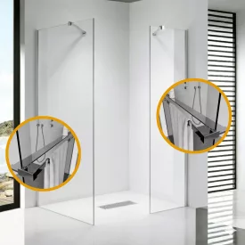   Stuxi Milano Easy Kombi Plus 2 Walk-in zuhanyfal, 70x70 cm, 8 mm vastag vízlepergető biztonsági üveggel, helytakarékos stabilizátorral, 2 polccal