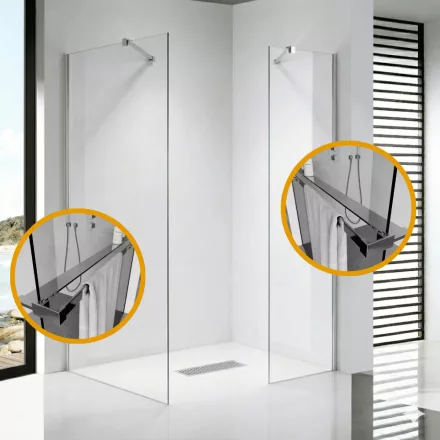 Stuxi Milano Easy Kombi Plus 2 Walk-in zuhanyfal, 70x70 cm, 8 mm vastag vízlepergető biztonsági üveggel, helytakarékos stabilizátorral, 2 polccal