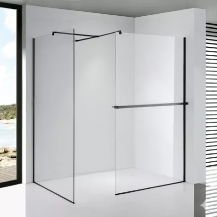 Stuxi Milano Kombi Plus 1 Black Walk-in zuhanyfal, 70x70 cm, 8 mm vastag vízlepergető biztonsági üveggel, polccal és törölközőtartóval