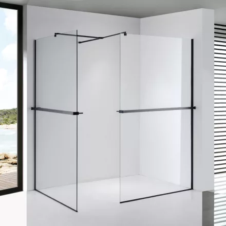 Stuxi Milano Kombi Plus 2 Black Walk-in zuhanyfal, 70x70 cm, 8 mm vastag vízlepergető biztonsági üveggel, 2 polccal és törölközőtartóval