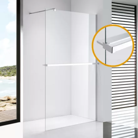 Stuxi Milano Plus Walk-in zuhanyfal, 100x200 cm, 8 mm vastag vízlepergető biztonsági üveggel, króm profillal, távtartóval, polccal és törölközőtartóval