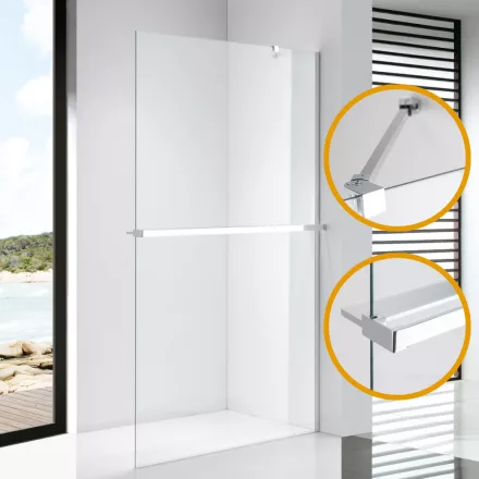 Stuxi Milano Easy Plus Walk-in zuhanyfal, 100x200 cm, 8 mm vastag vízlepergető üveggel, helytakarékos stabilizátorral, polccal, törölközőtartóval