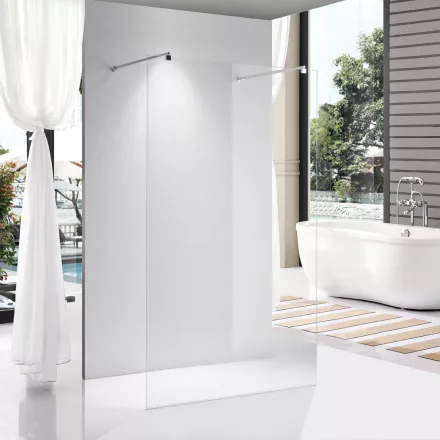 Stuxi Milano Light falsíkra szerelhető Walk-in zuhanyfal, 140x200 cm, 8 mm vastag vízlepergető biztonsági üveggel, két távtartóval