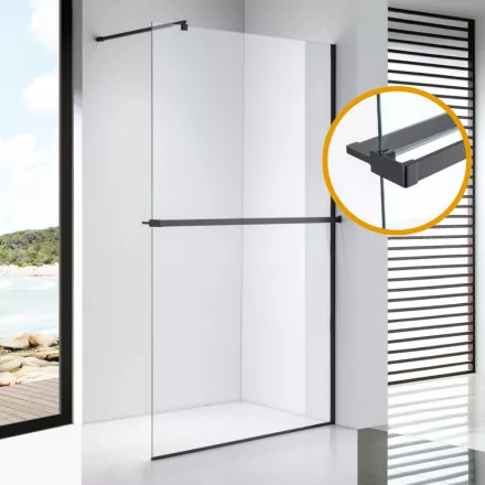 Stuxi Milano Plus Black Walk-in zuhanyfal, 70x200 cm, 8 mm vastag vízlepergető biztonsági üveggel, matt fekete profillal, távtartóval, polccal és törölközőtartóval