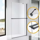Stuxi Milano Easy Plus Black Walk-in zuhanyfal, 140x200 cm, 8 mm vastag vízlepergető üveggel, helytakarékos stabilizátorral, polccal, törölközőtartóval
