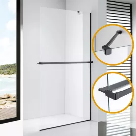   Stuxi Milano Easy Plus Black Walk-in zuhanyfal, 70x200 cm, 8 mm vastag vízlepergető üveggel, helytakarékos stabilizátorral, polccal, törölközőtartóval