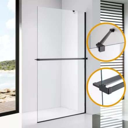Stuxi Milano Easy Plus Black Walk-in zuhanyfal, 140x200 cm, 8 mm vastag vízlepergető üveggel, helytakarékos stabilizátorral, polccal, törölközőtartóval
