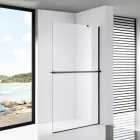 Stuxi Milano Easy Plus Black Walk-in zuhanyfal, 140x200 cm, 8 mm vastag vízlepergető üveggel, helytakarékos stabilizátorral, polccal, törölközőtartóval