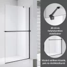 Stuxi Milano Easy Plus Black Walk-in zuhanyfal, 140x200 cm, 8 mm vastag vízlepergető üveggel, helytakarékos stabilizátorral, polccal, törölközőtartóval