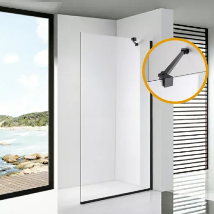 Stuxi Milano Easy Black Walk-in zuhanyfal, 140x200 cm, 8 mm vastag vízlepergető biztonsági üveggel, 200 cm magas, helytakarékos stabilizátorral